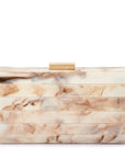 A rectangular evening clutch bag with a horizontal stacked design, featuring a cream and beige marble pattern with brown veining and a small gold metal clasp on top, set against a plain white background.
