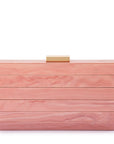 A rectangular evening clutch bag made of horizontal pink wood-grain planks, featuring a small gold metal handle on top, set against a plain white background.