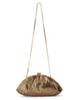 A metallic gold mesh clutch bag with a delicate gold chain shoulder strap, shown against a plain white background.