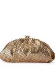 A metallic gold clutch bag with a textured woven pattern and a small gold metal clasp at the top, shown against a plain white background.
