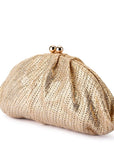 a metallic gold textured clutch bag against a plain white background.