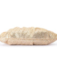 A metallic gold textured clutch purse with a crinkled, pleated design, shown from the bottom on a plain white background.