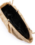 A gold textured clutch handbag with a black satin lining, gold-tone metal accents, and a gold chain strap, shown from an overhead angle on a white background.