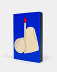 Matchbox with a blue background and a red match on top
