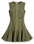 An olive green sleeveless dress with a front zipper, a matching waist belt with a gold-tone ring buckle, and a flared skirt, shown against a plain white background.