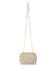 clutch with crushed shells and gold details on a gold chain, on a white background