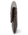 A woven clutch bag with a textured pattern of silver and brown woven material, shown from a side profile view on a white background.