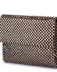 A rectangular clutch bag with a brown pattern and a metallic silver diamond mesh overlay, shown on a plain white background.