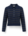A navy blue knit polo sweater with thin olive green horizontal stripes and a buttoned collar, shown on a clean white background.