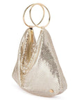 Gold mesh handbag with circular handles on a white background