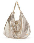 Gold mesh handbag on a white background