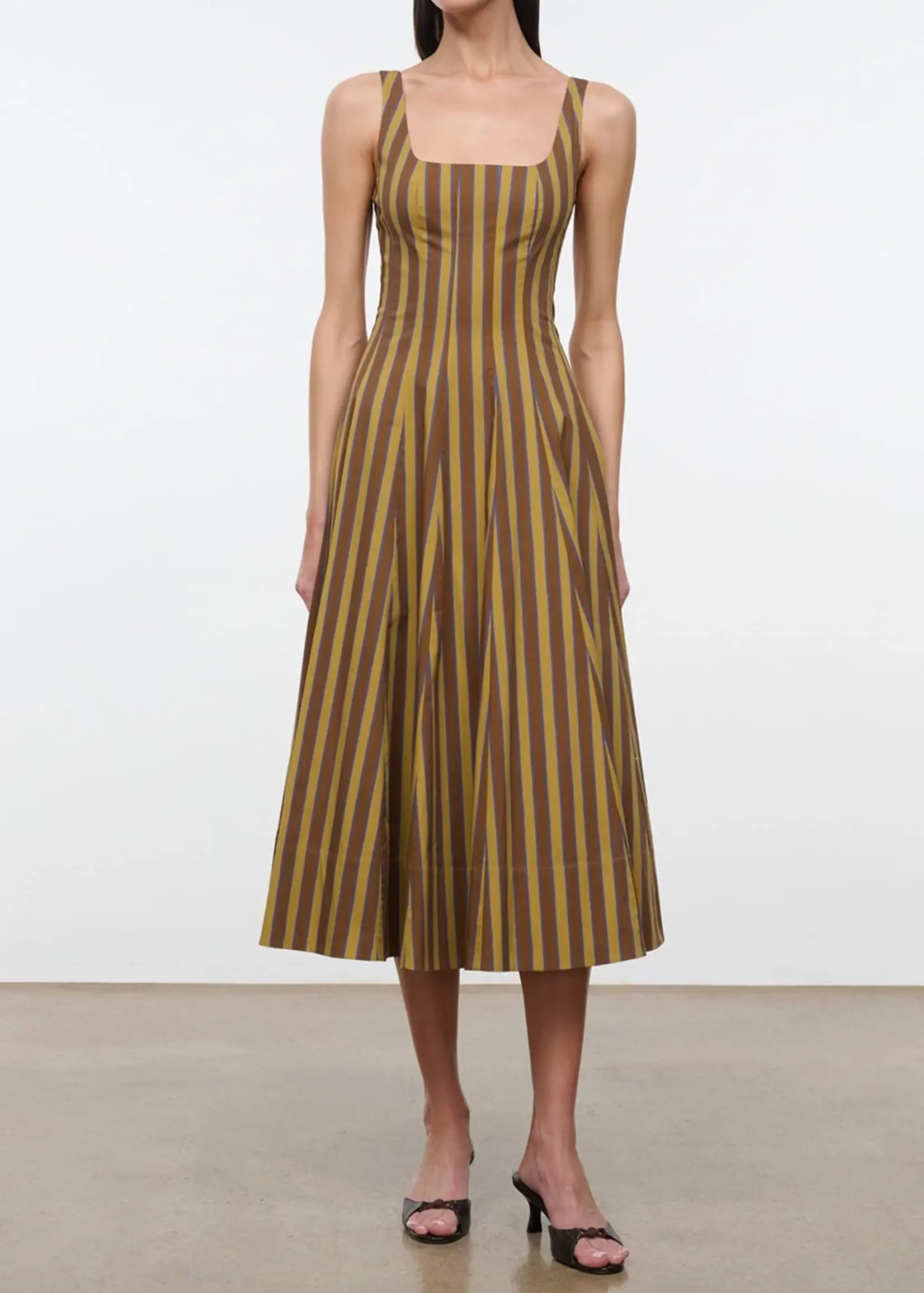 staud brown and yellow dress Wells Striped Poplin Midi Dress, Cigar Stri, Women's, 4 shoulder asymmetrical neckline creates