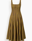A sleeveless midi dress with a square neckline and a flared skirt, featuring vertical wavy stripes in olive green, mustard yellow, and brown on a white background.