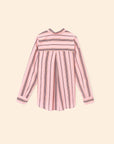 Pink and black striped dress on a beige background back view