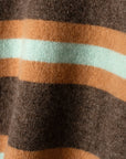 Close-up of a knit fabric with horizontal stripes in dark brown, rust orange, and pale mint green.