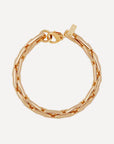 A gold-toned chain link bracelet with a textured, hammered finish and a lobster clasp, displayed on a light gray background.