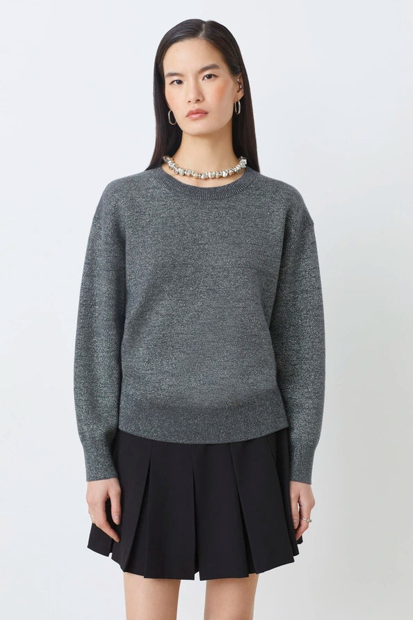 Woman wearing a gray sweater and black pleated skirt on a white background