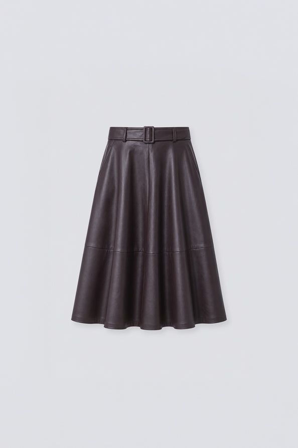 A dark brown faux-leather A-line skirt with a matching belt, displayed flat against a light gray background.