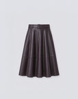 A dark brown faux-leather A-line skirt with a matching belt, displayed flat against a light gray background.