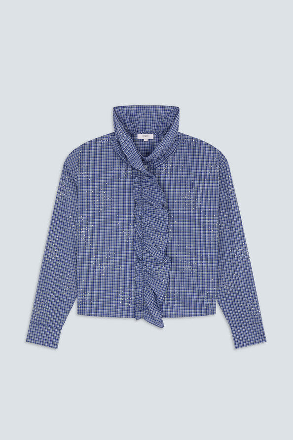 Blue checkered shirt with a tie detail on a light gray background