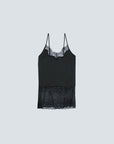 A black camisole top with thin straps, a lace-trimmed scoop neckline, and a lace hem, displayed against a solid light gray background.