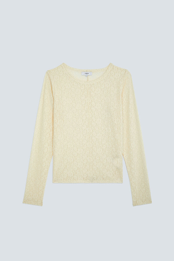 A pale cream lace knit long-sleeve top with a crew neck, displayed flat against a light gray background.