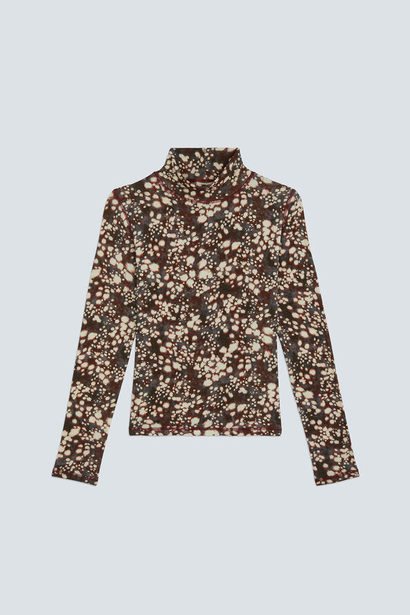 A long-sleeve mock neck top with an all-over abstract floral or bubble-like print in brown, beige, and cream, displayed flat against a light gray background.