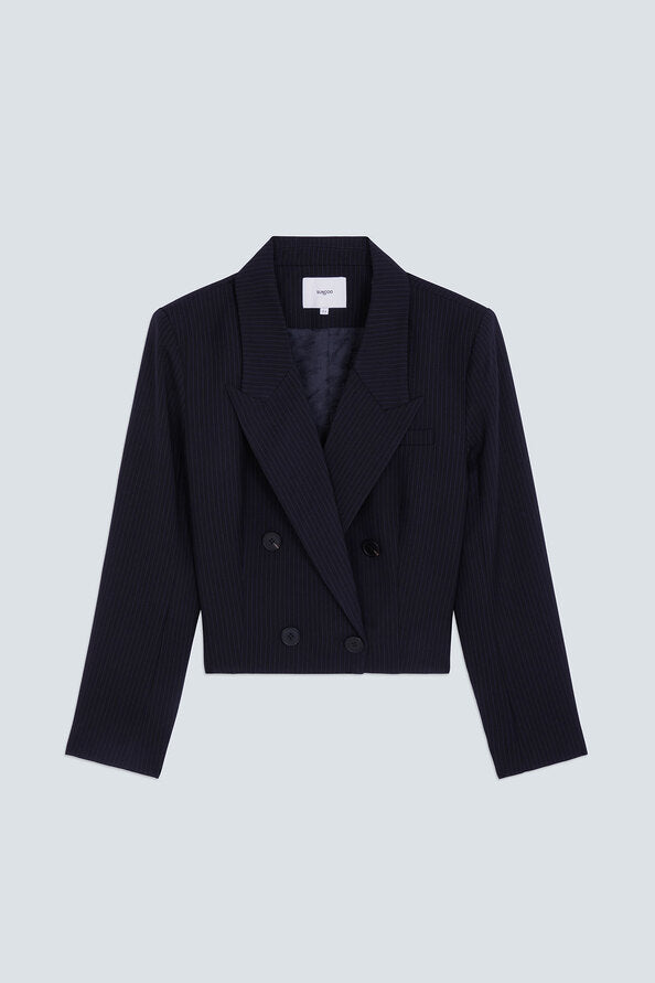 dark blue blazer jacket with button front on a grey background