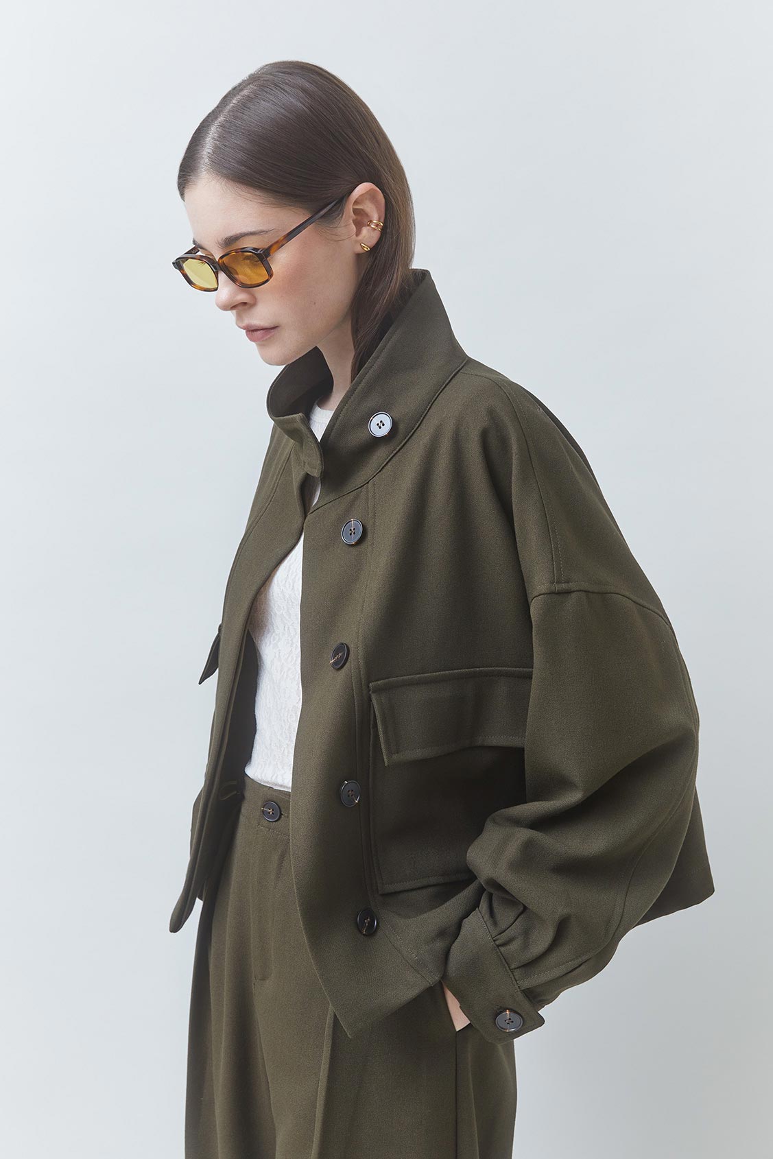 Dona Jacket close up side view on model