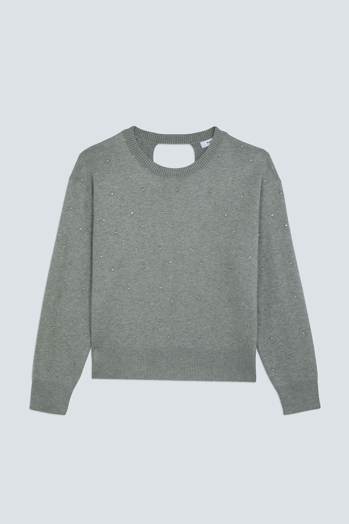 A gray knit crewneck sweater with a cutout at the back, shown flat against a light gray background.
