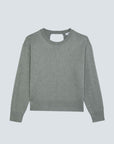 A gray knit crewneck sweater with a cutout at the back, shown flat against a light gray background.