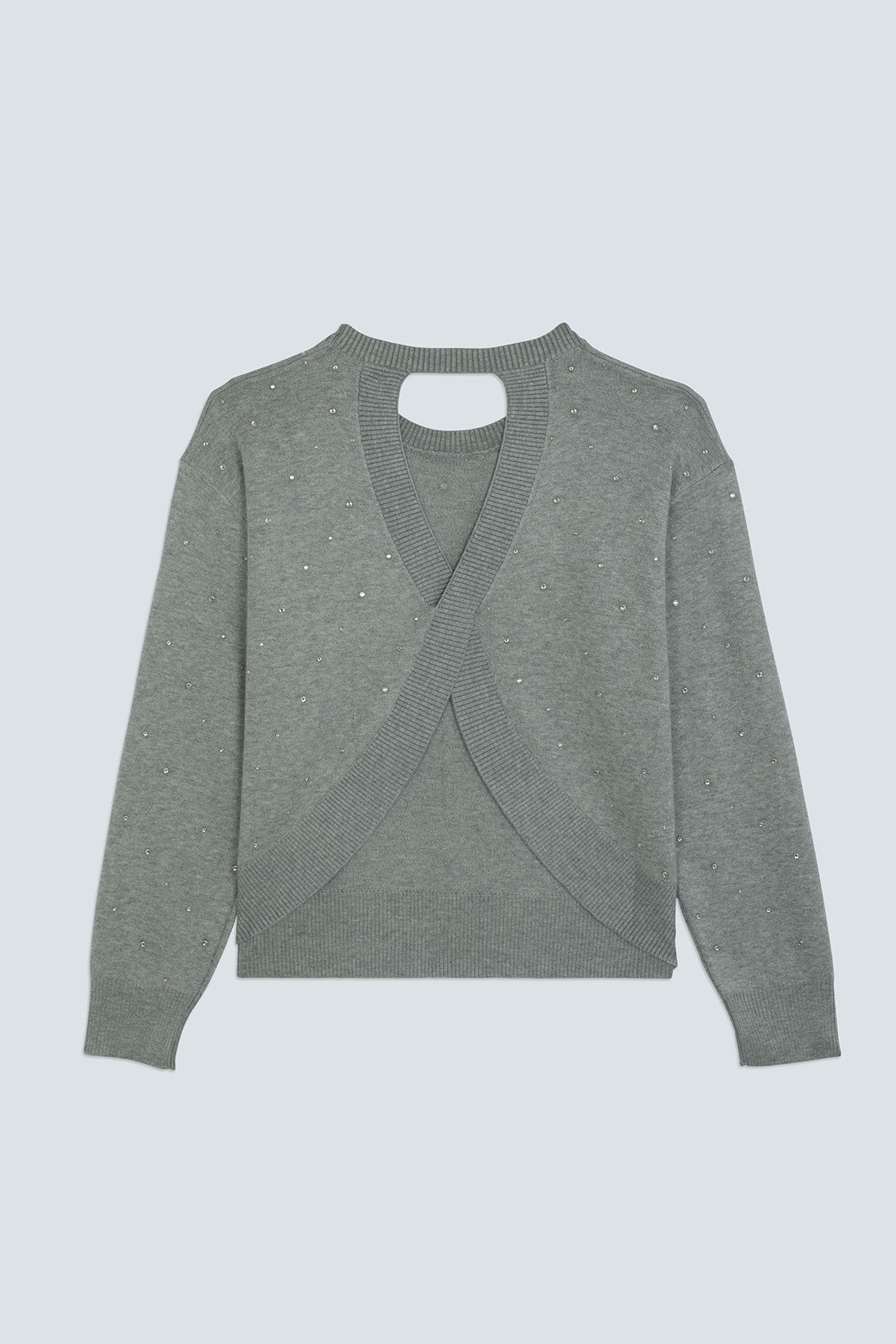 The back of a gray knit cardigan sweater with subtle rhinestone embellishments, displayed against a solid light gray background.