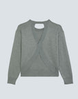The back of a gray knit cardigan sweater with subtle rhinestone embellishments, displayed against a solid light gray background.