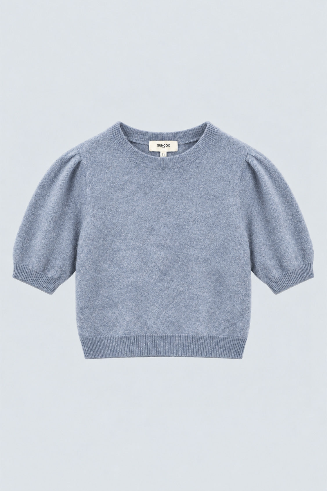 A grey knit sweater with 3/4 sleeves and a round neck, shown flat against a light gray background.