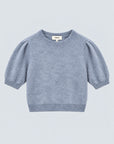 A grey knit sweater with 3/4 sleeves and a round neck, shown flat against a light gray background.