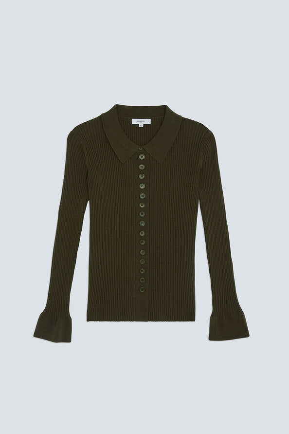 An olive green ribbed knit cardigan sweater with a collar, button-down front, and flared cuffs, shown against a light gray background.