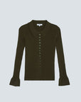 An olive green ribbed knit cardigan sweater with a collar, button-down front, and flared cuffs, shown against a light gray background.