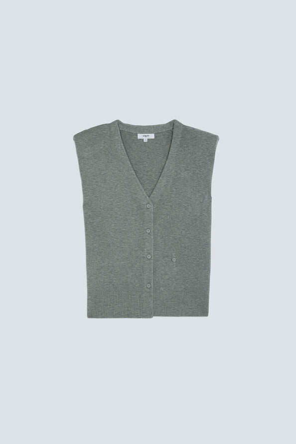 A gray knit cardigan vest with a V-neck and button closure, laid flat against a light gray background.