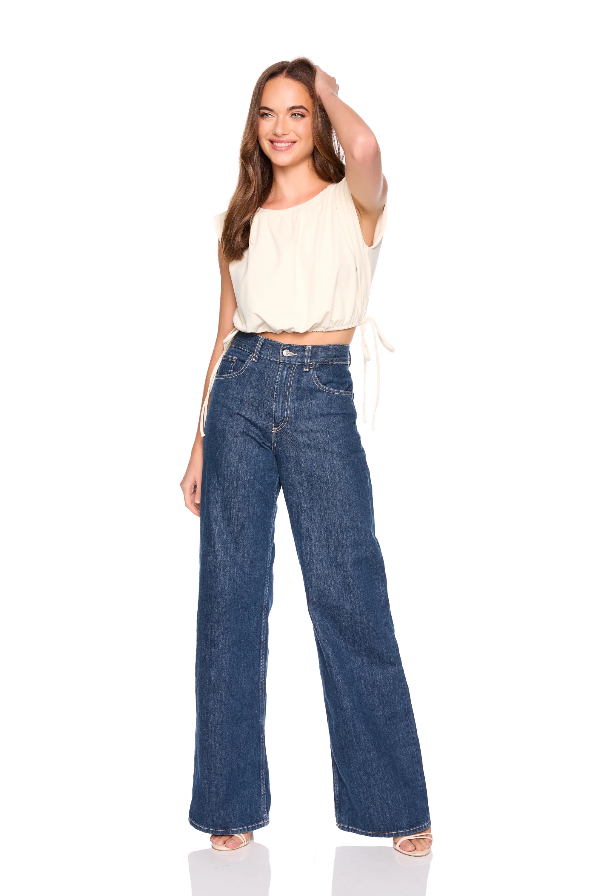 Front view of woman wearing Gathered Side Tie top.