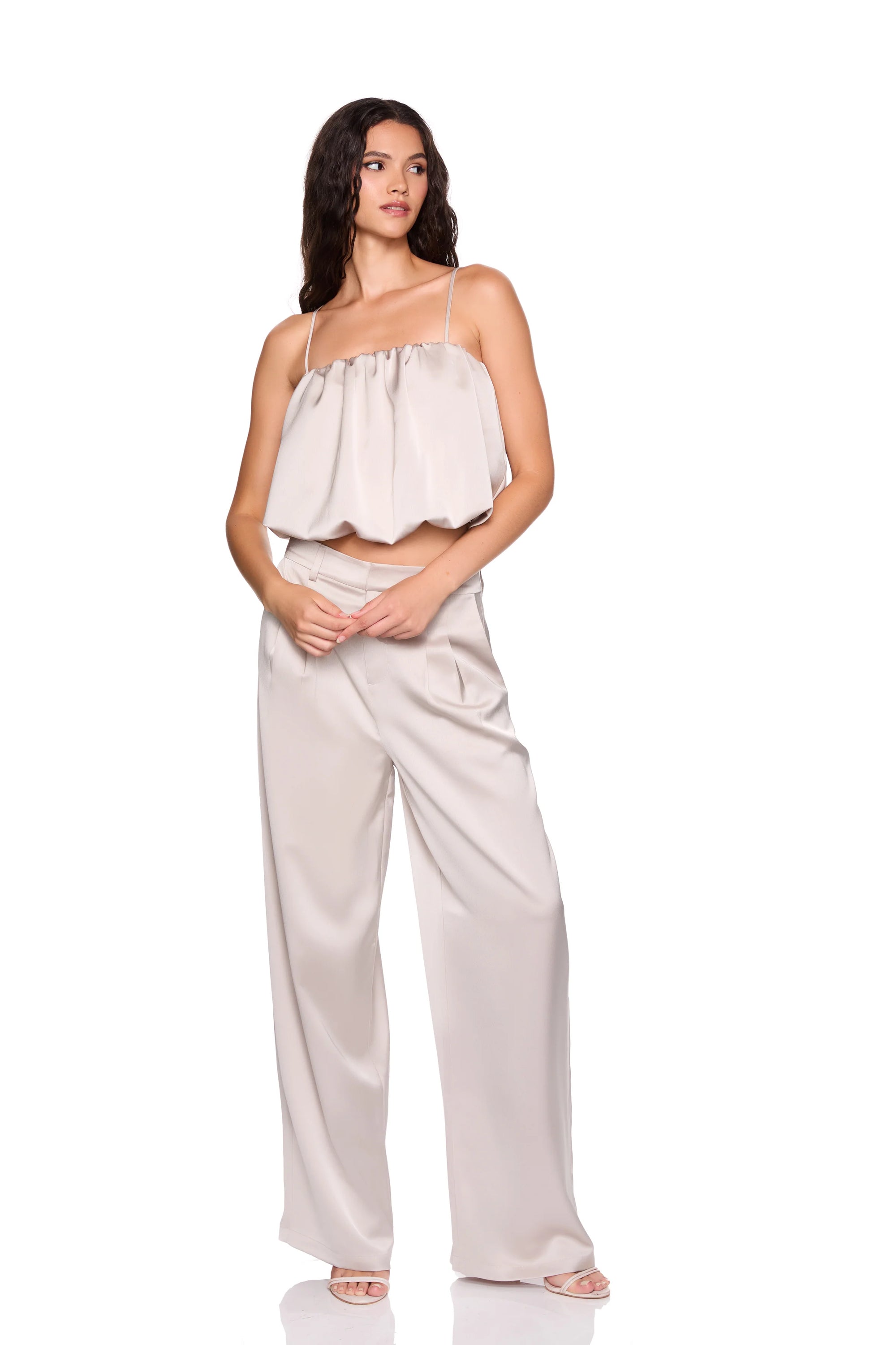 Satin Bubble String Top and Satin Pleat Pant full body front view