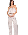 Satin Bubble String Top and Satin Pleat Pant full body front view