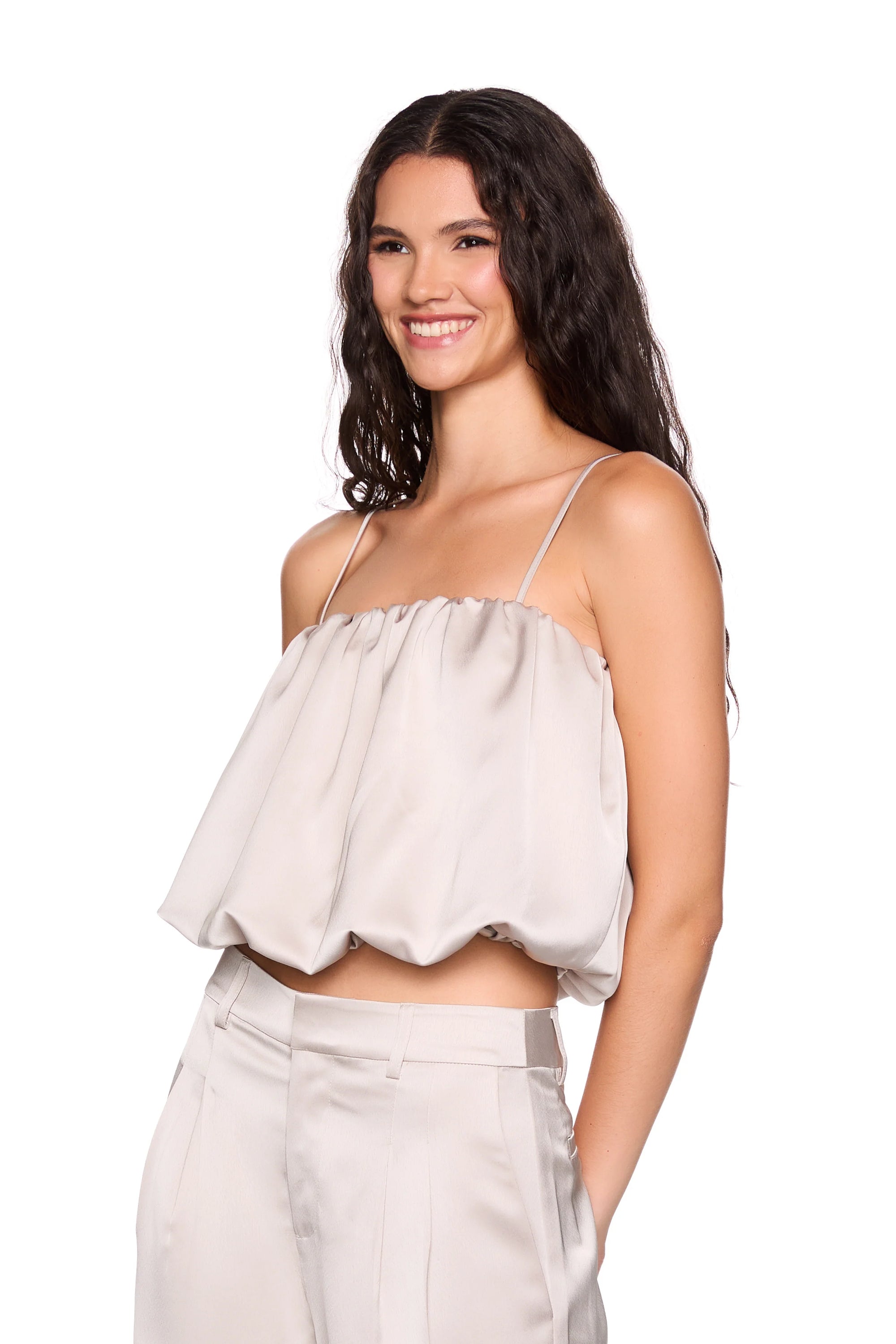 Satin Bubble String Top close up with matching pant