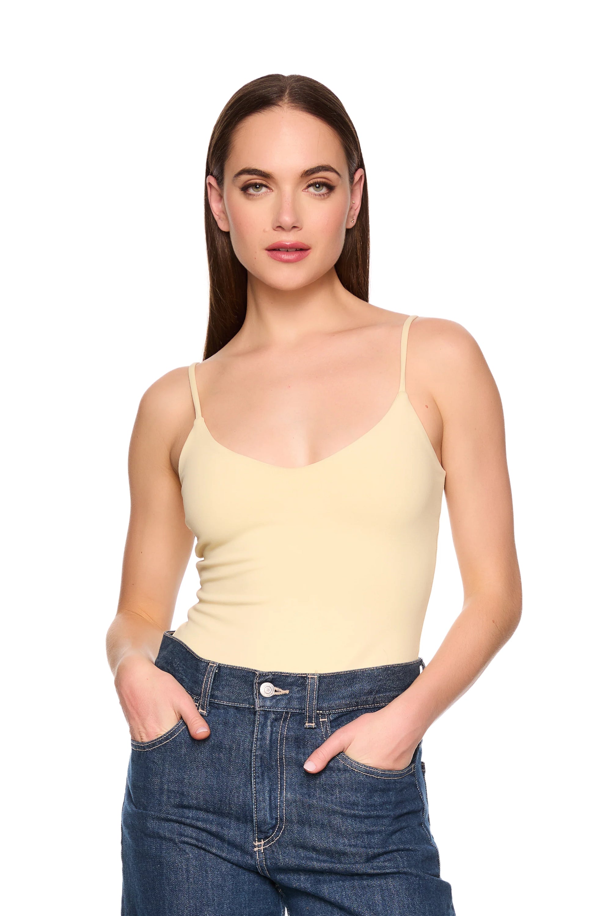 Very V String Bodysuit Whipped Cream close up with jeans