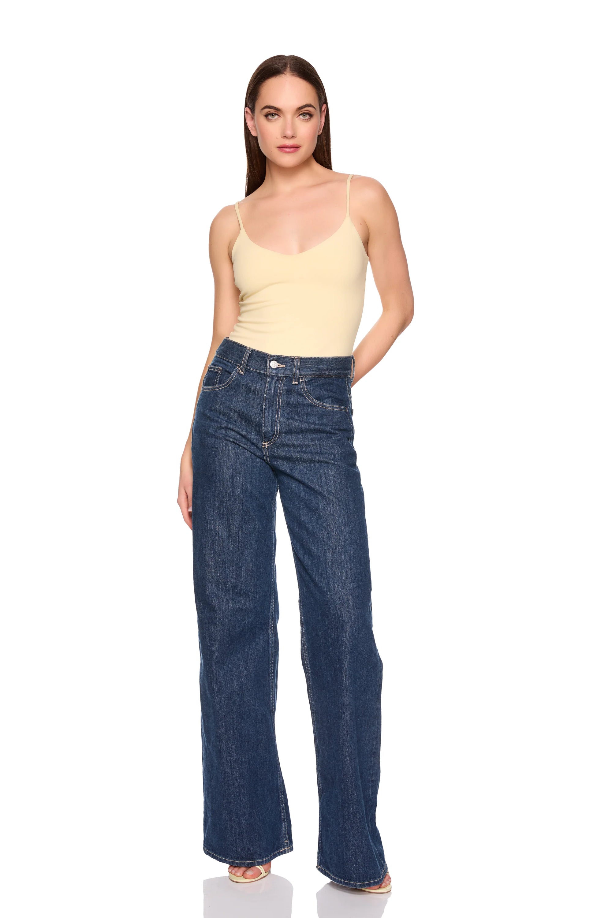 Very V String Bodysuit Whipped Cream with jeans full body front view 