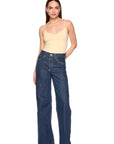 Very V String Bodysuit Whipped Cream with jeans full body front view 