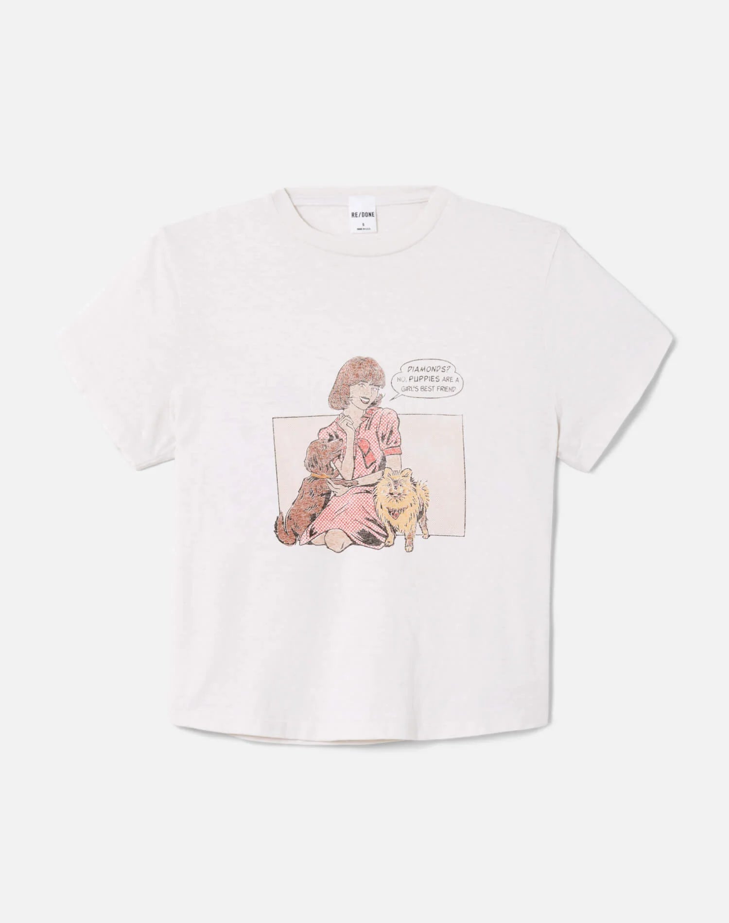 White t-shirt with a graphic of a woman and two dogs on a white background