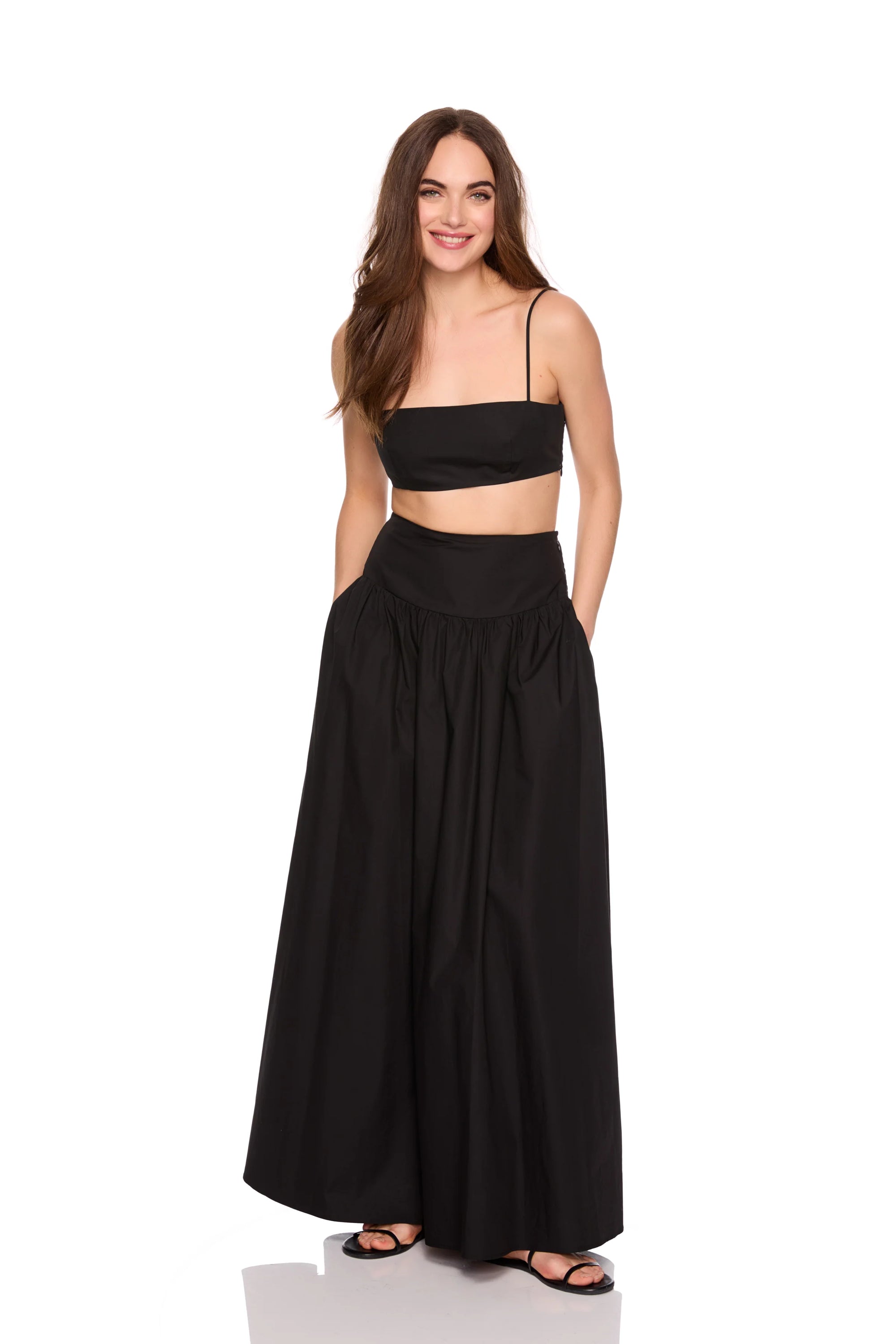 Poplin String Crop Top and Poplin Drop Waist Skirt full body front view