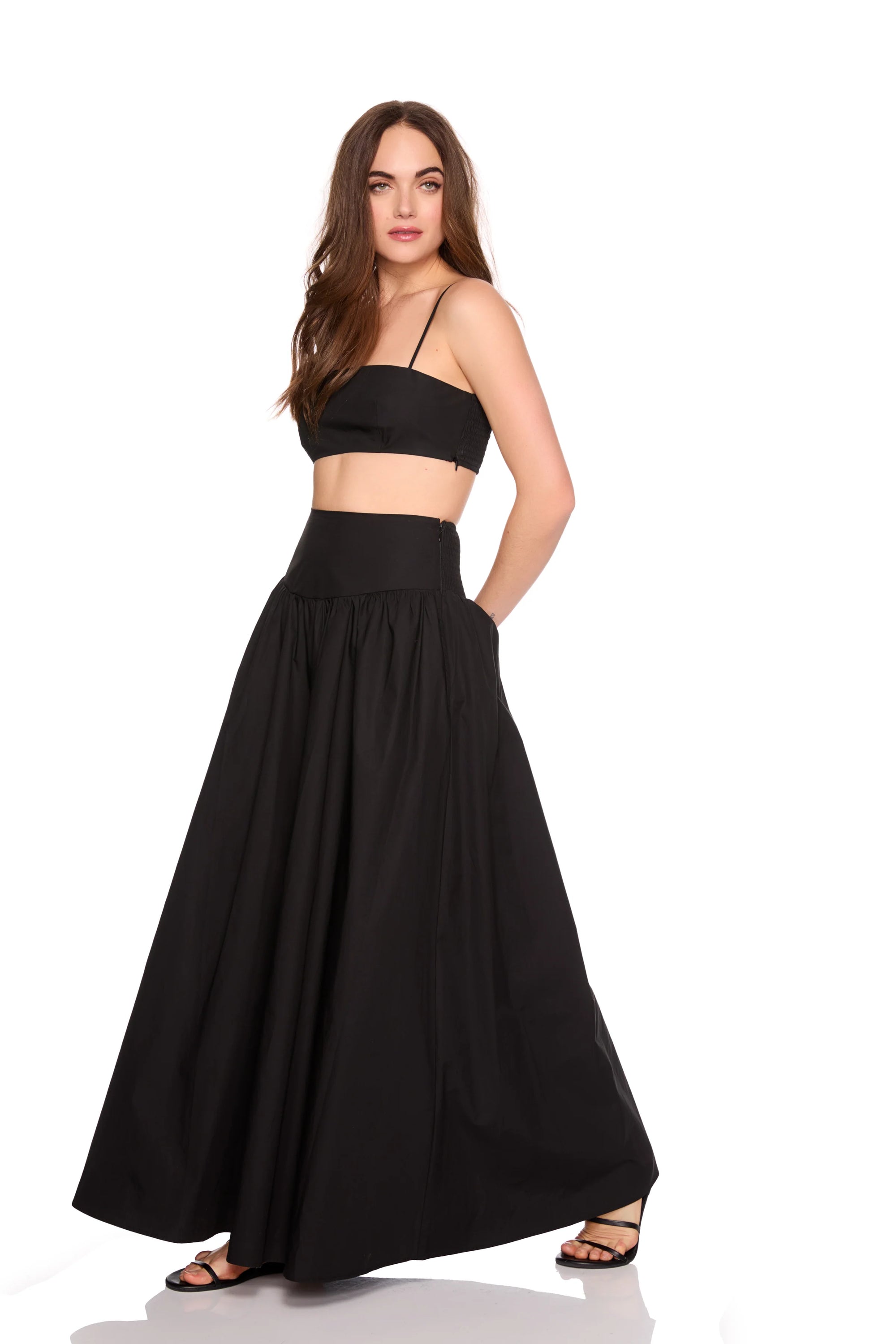 Poplin String Crop Top and Poplin Drop Waist Skirt side view, hand in pocket