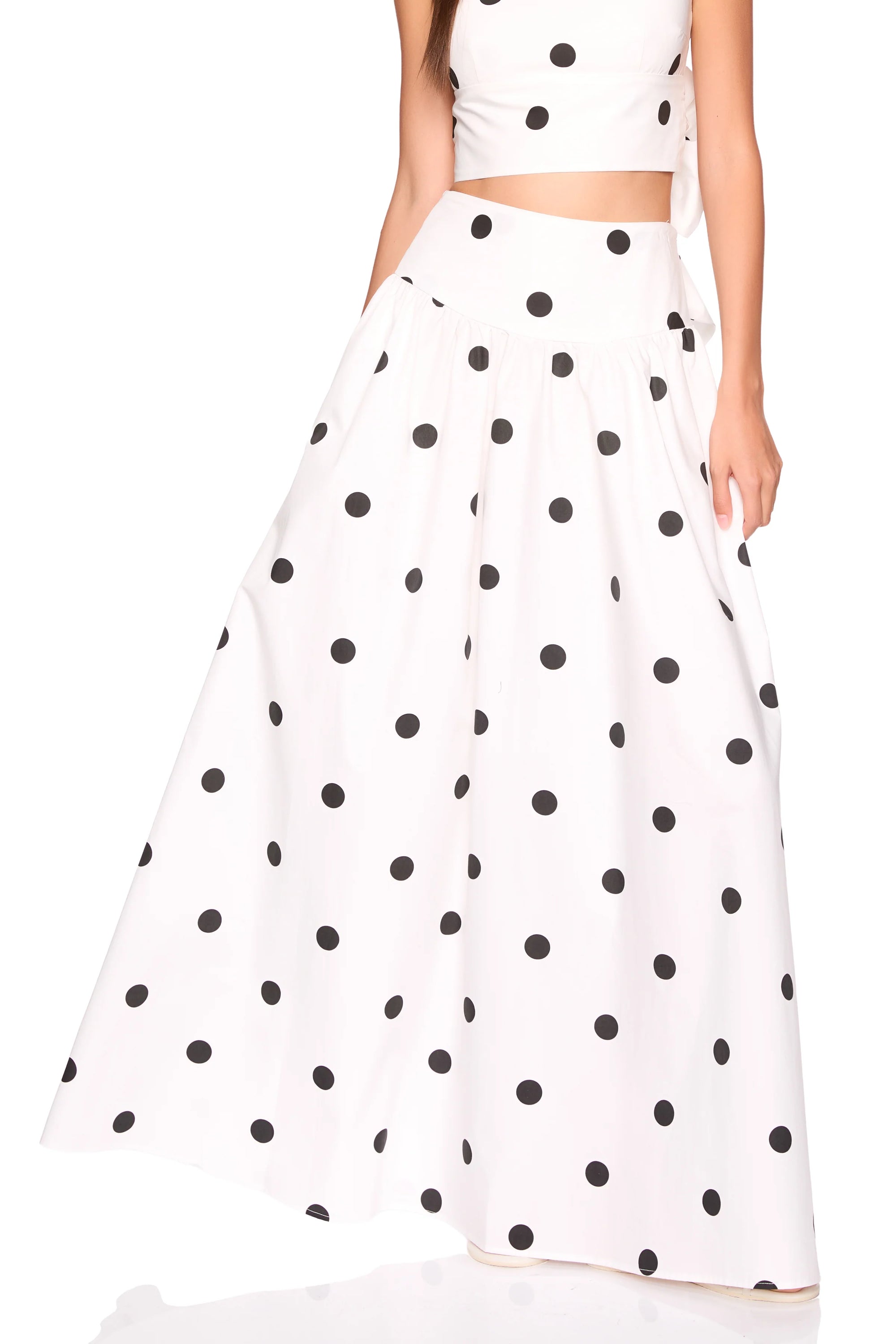 Polka Dot Poplin Drop Waist Skirt closer up front view of skirt