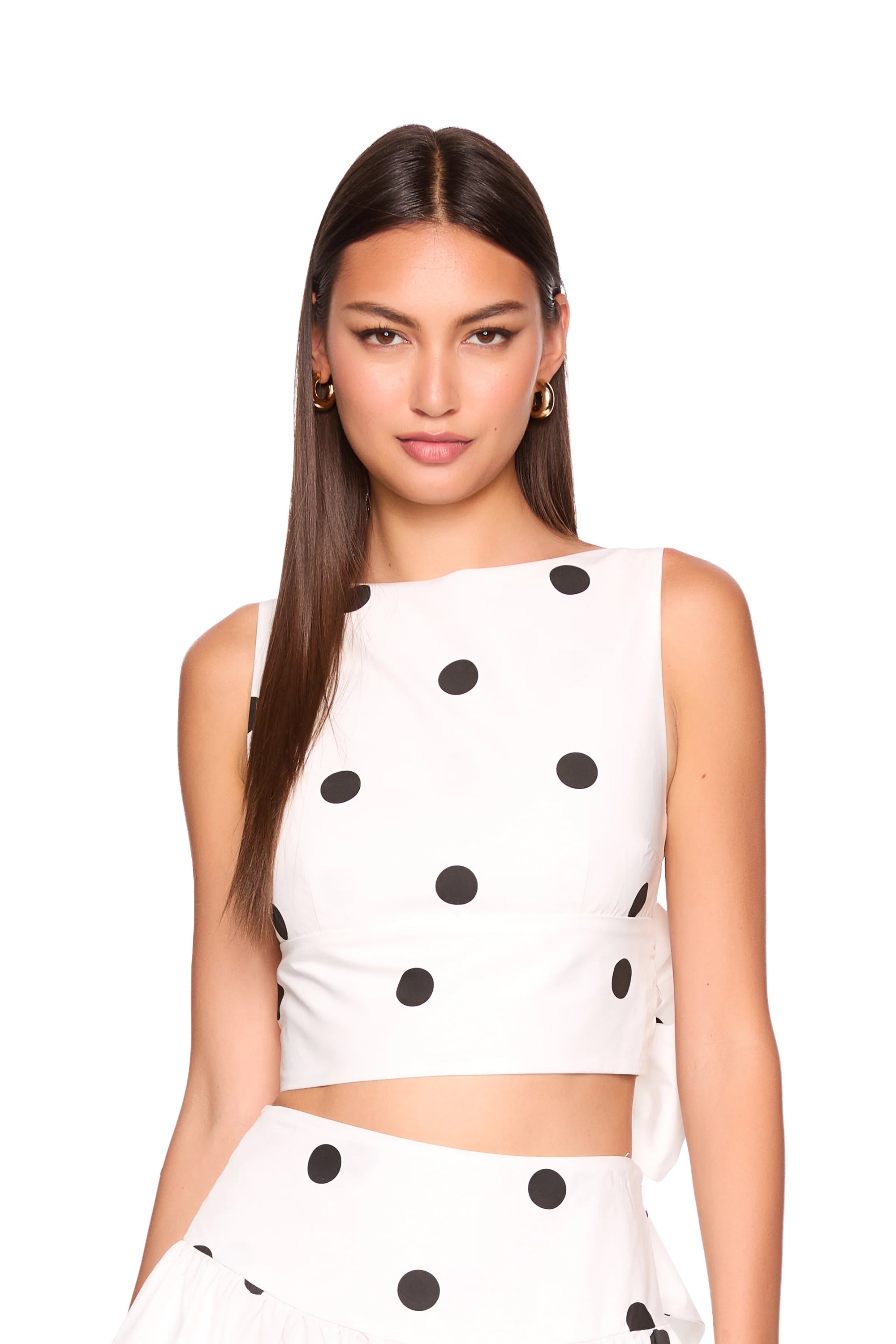 Polka Dot Poplin Tie Back Top close up front view on model